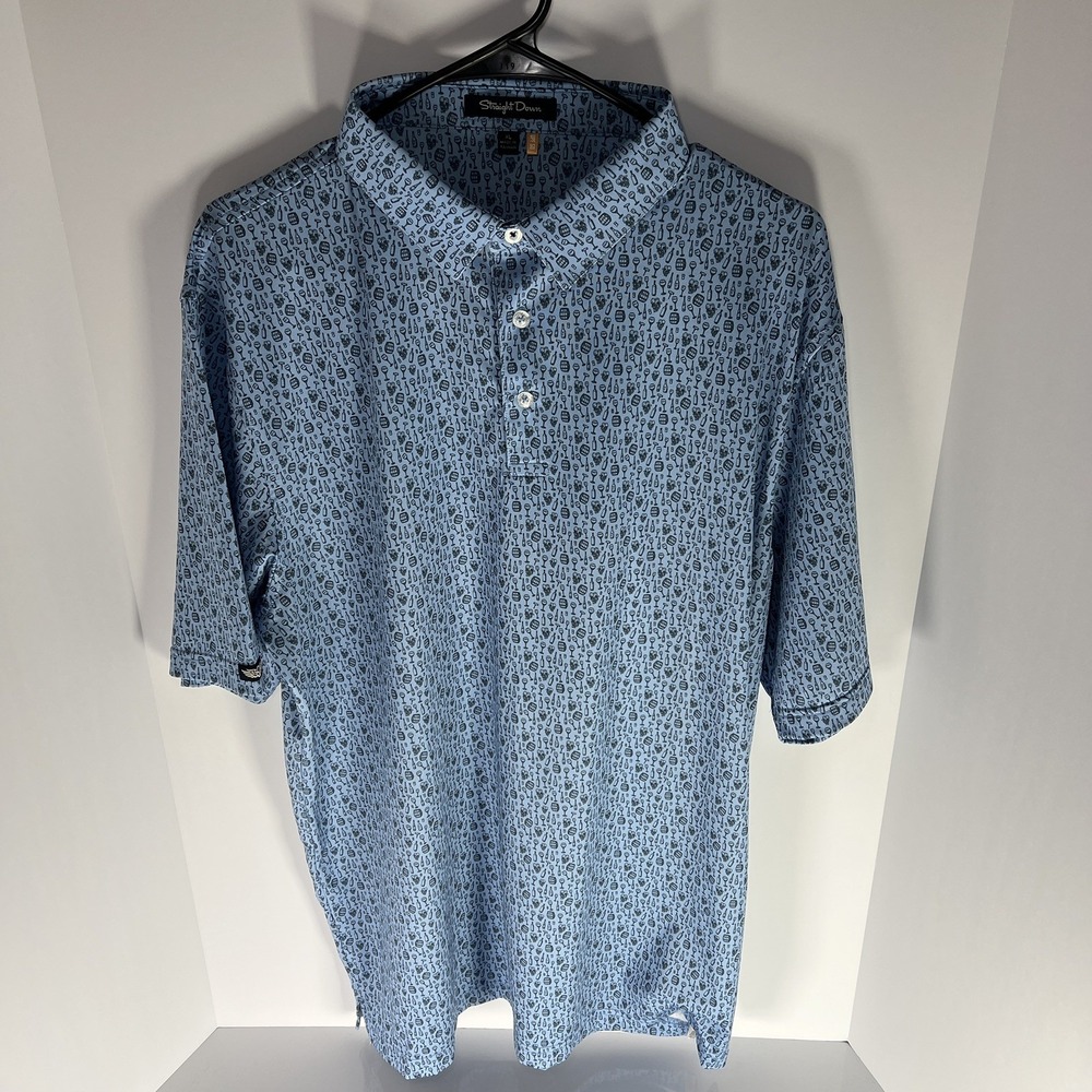 Straight Down Polo Shirt Mens XL White Blue Performance Golf Stretch Print EUC